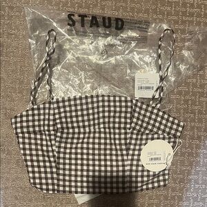 STAUD Brown and White Checkered Shoulder Bag